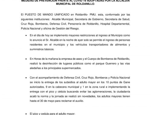Boletín informativo, acerca de las últimas medidas tomadas por la Alcaldía Municipal de Roldanillo,